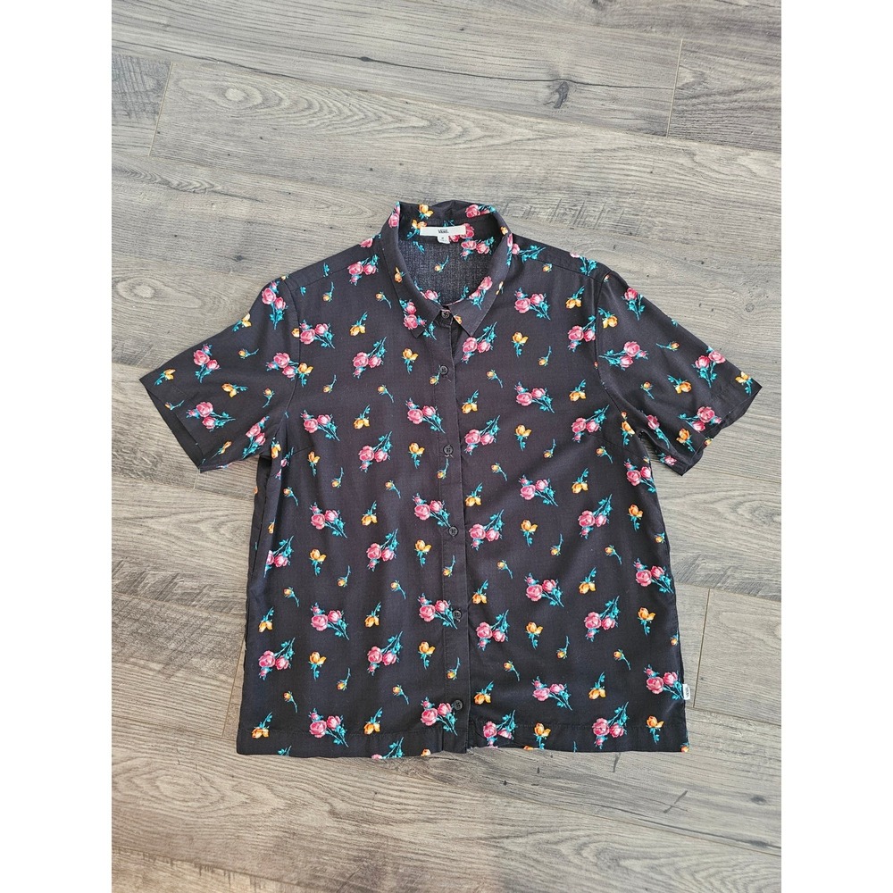Women's szM Vans Floral Print Short Sleeve Button Down Shirt Black Roses Fall